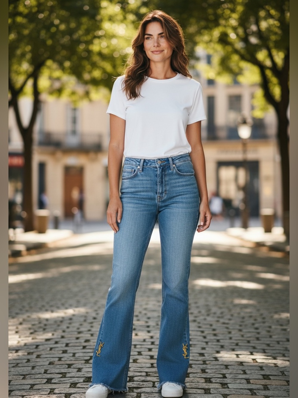 Saint Laurent Light Blue Flared Jeans with Gold Embroidery